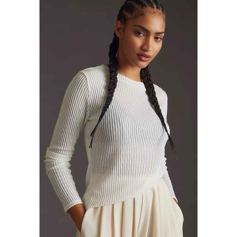 Pilcro Anthropologie White Ribbed Long Sleeve Crew Neck Top XL OB1600039